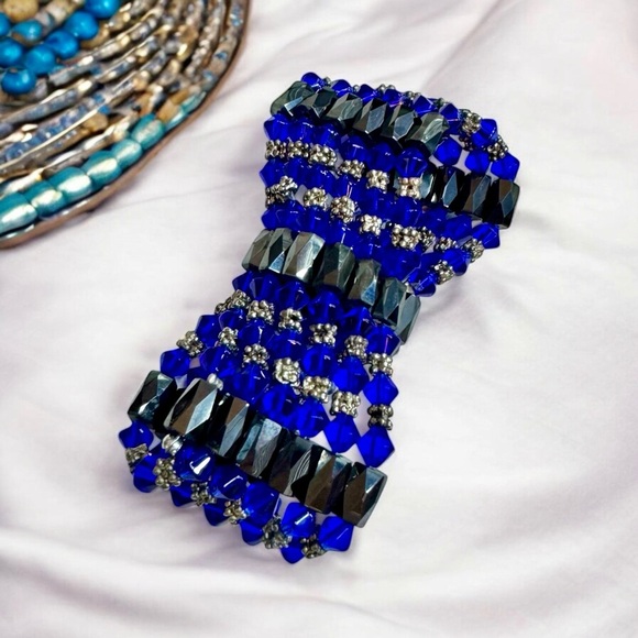 Magnetic Hematite & Royal Blue Bicone Crystal Bead Wrap Bracelet - Picture 1 of 9